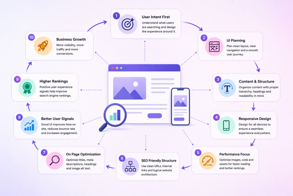 “UI and SEO workflow diagram showing steps from user intent and design to optimization, user engagement, and business growth”